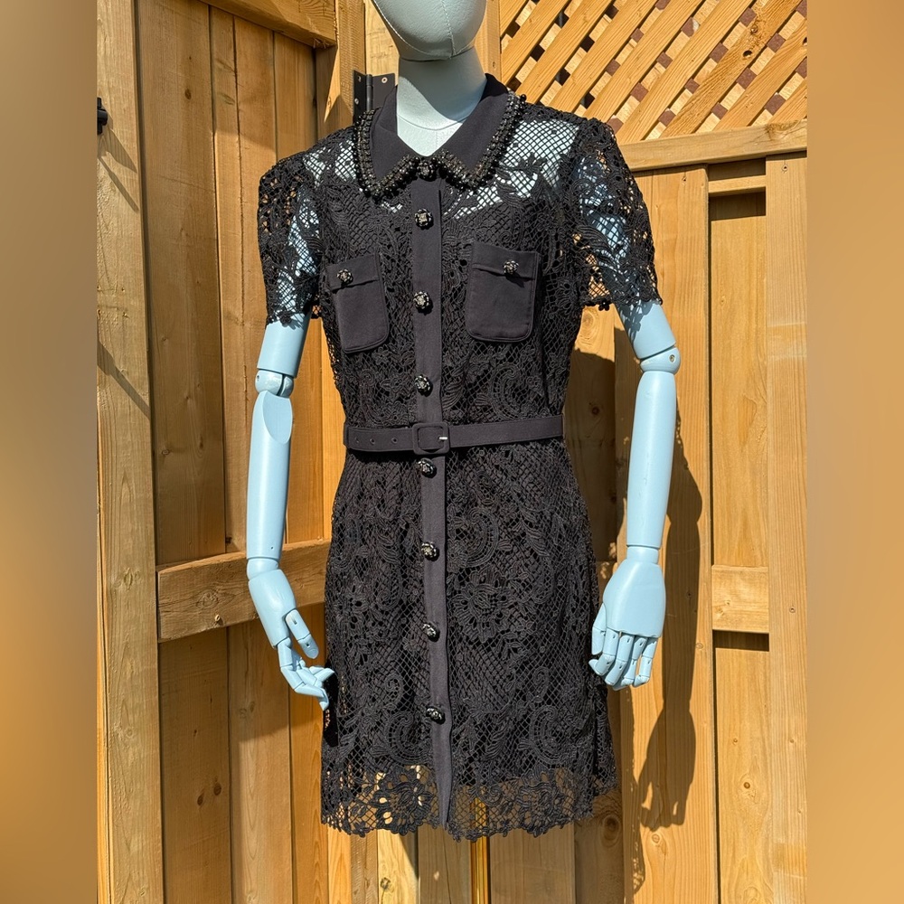 🆕 SELF PORTRAIT 🧿 NWOT Black Lace Button Front Mini Dress, Sz UK 14 US 10 - Picture 5 of 17